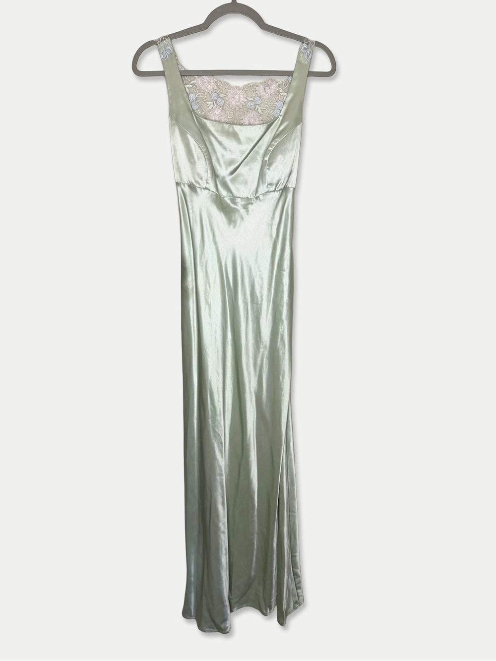 Alfred Angelo Vintage Sage Satin Floral Embroidered Maxi Formal Dress XS